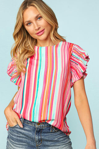 Rainbow Striped Ruffle Sleeve Top