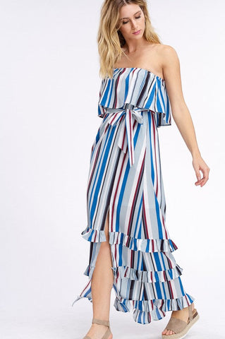 South of the Border Strapless Striped Maxi Dress - Gray Mix