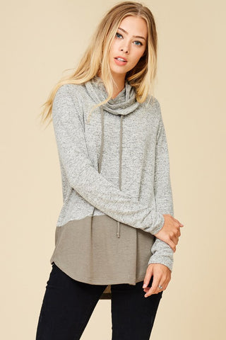 Color Block Cowl Neck Top - Olive and Grey