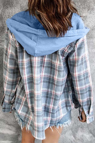 Lightweight Flannel Plaid Hooded Top - Blue