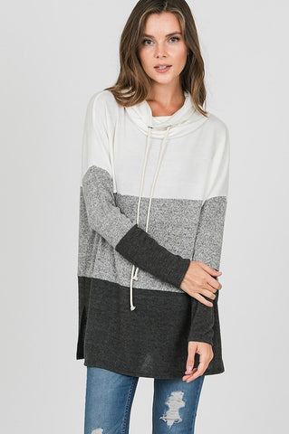 Cozy Cowl Neck Color Block Top - White and Charcoal