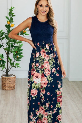Lace and Floral Maxi Dress - Navy
