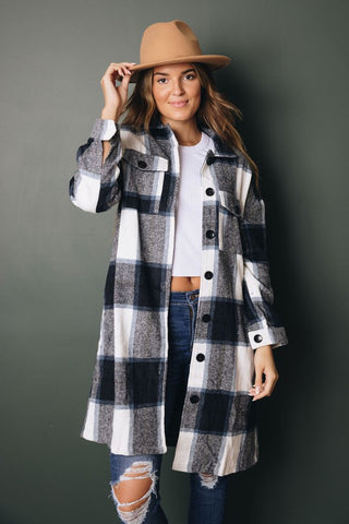 Shirt Collar Plaid Jacket - Blue