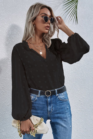 Swiss Dot Lantern Sleeve Top - Black