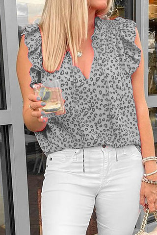 V-Neck Leopard Print Top - Gray