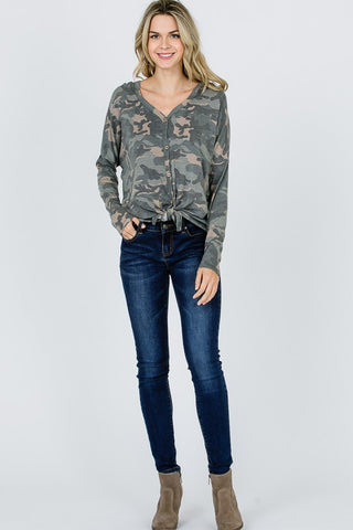 Button Up Hooded Camo Top