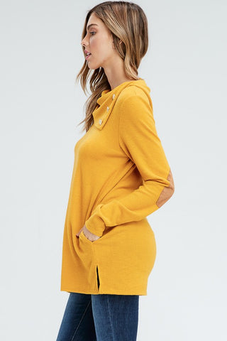 Cowl Neck Top with Elbow Patches - Mustard