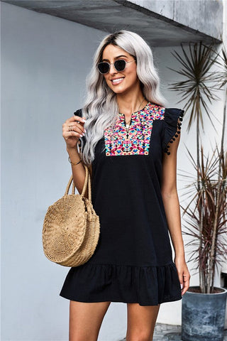 Embroidered Shift Dress with Pom Poms - Black