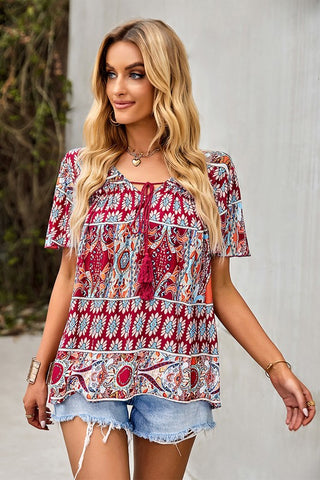 Drawstring Boho Style Summer Top - Wine