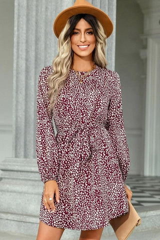 Dots Long Sleeve Tie Dress - Burgundy