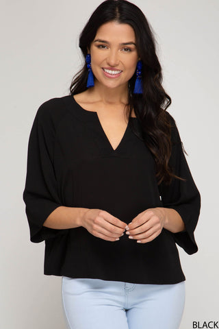 Wide Sleeve V-Neck Top - Black