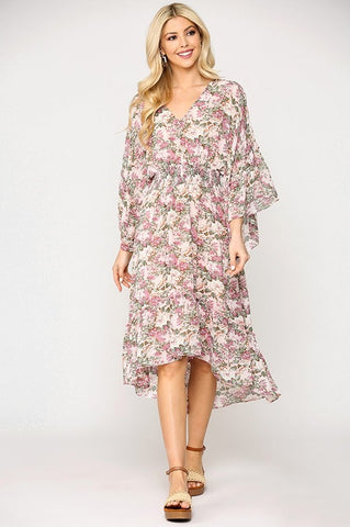 Chiffon Floral Kimono Sleeve Dress - Rose