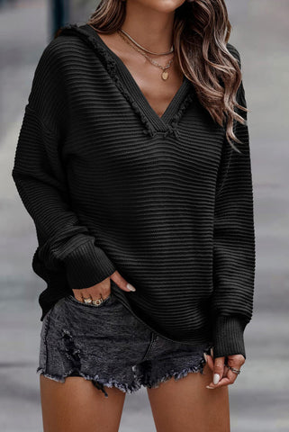 V-Neck Sweater Hoodie - Black