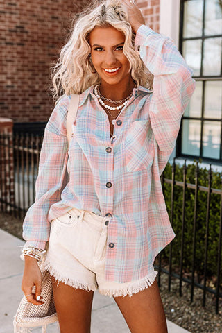 Plaid Button Up Top - Pink and Blue
