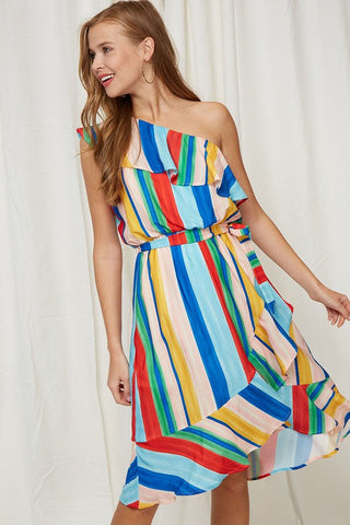 Rainbow Stripes One Shoulder Dress