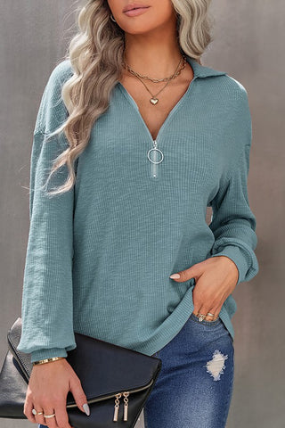 Ribbed Zip Up Top - Aqua
