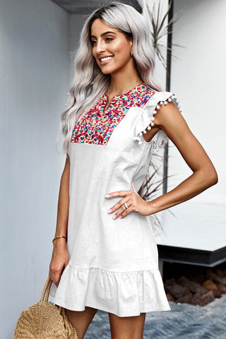 Embroidered Shift Dress with Pom Poms - White