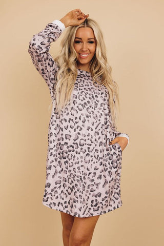 Long Sleeve Leopard Print Shift Dress with Pockets - Taupe