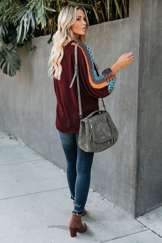 Contrast Sleeve Thermal Top - Burgundy