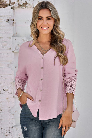 Button Up Thermal Crochet Top - Pink