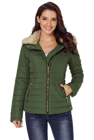 Faux Fur Collar Jacket - Olive Green