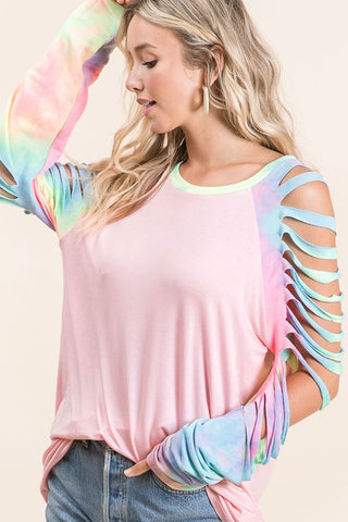 Rainbow Laser  Cut Sleeve Top - Pink