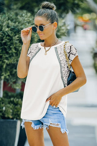 Leopard and Snakeskin Print Short Sleeve Top - White