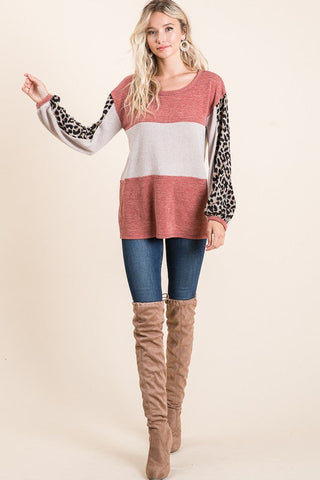 Leopard Sleeve Sweater Knit Top - Rust