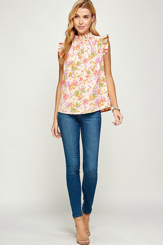 Ruffle Sleeveless Floral Top - Peach