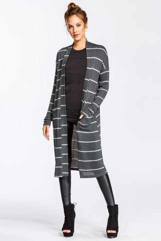 Long Striped Cardigan - Charcoal