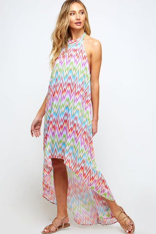 Pastel Rainbow Zig Zag Halter Maxi Dress