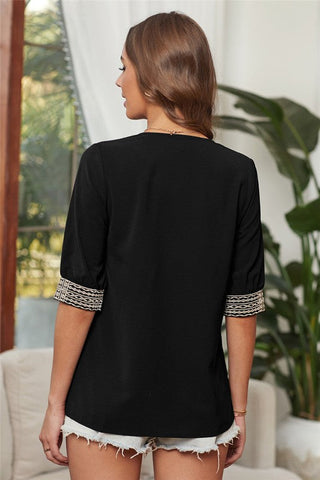 Embroidered V-Neck Top - Black