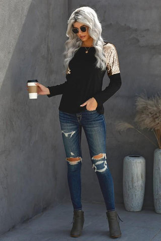 Sequined Shoulder Tunic Top - Black