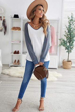 Mesh Sleeve Top - White and Blue