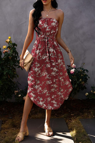 Strapless Floral Maxi Dress - Red