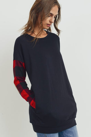 Elbow Patch Buffalo Plaid Tunic Top - Black