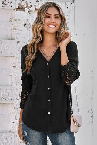 Button Up Thermal Crochet Top - Black