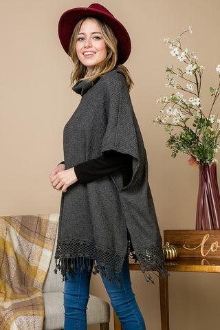Lace Fringe Poncho Style Top - Charcoal