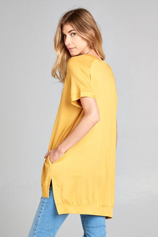 Crew Neck High Low Top - Mustard