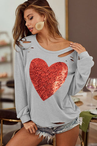 Laser Cut Sequined Heart Top - Gray