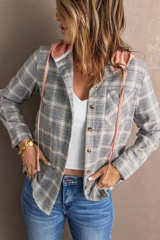 Lightweight Plaid Hooded Top - Light Pink