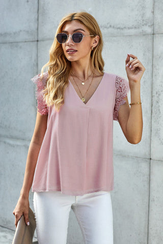 Lace Sleeve V-Neck Top - Pink