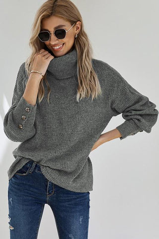 Turtleneck Sweater with Button Detail - Gray