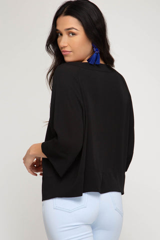 Wide Sleeve V-Neck Top - Black