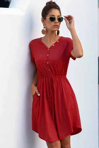 Casual Button Up Dress - Red