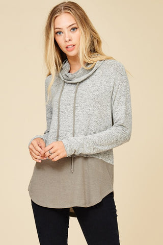 Color Block Cowl Neck Top - Olive and Grey