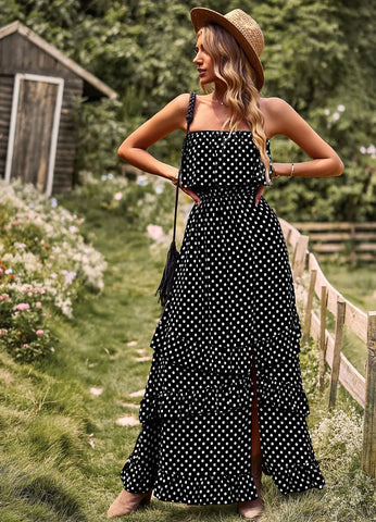 Polka Dot Strapless Maxi Dress - Black