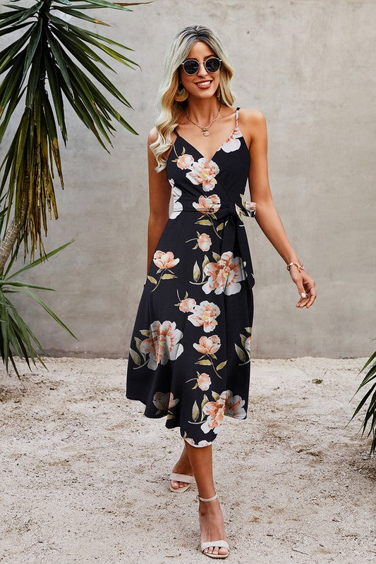 Belted Midi Dress - Black with Pink Flowers | Blue Chic Boutique Belted Midi Dress - Black with Pink Flowers | Blue Chic Boutique