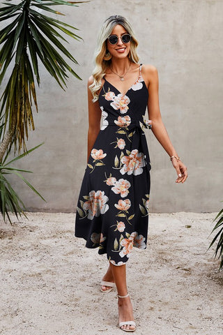 Belted Midi Dress - Black with Pink Flowers