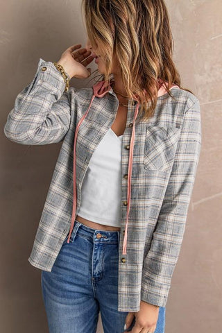 Lightweight Plaid Hooded Top - Light Pink